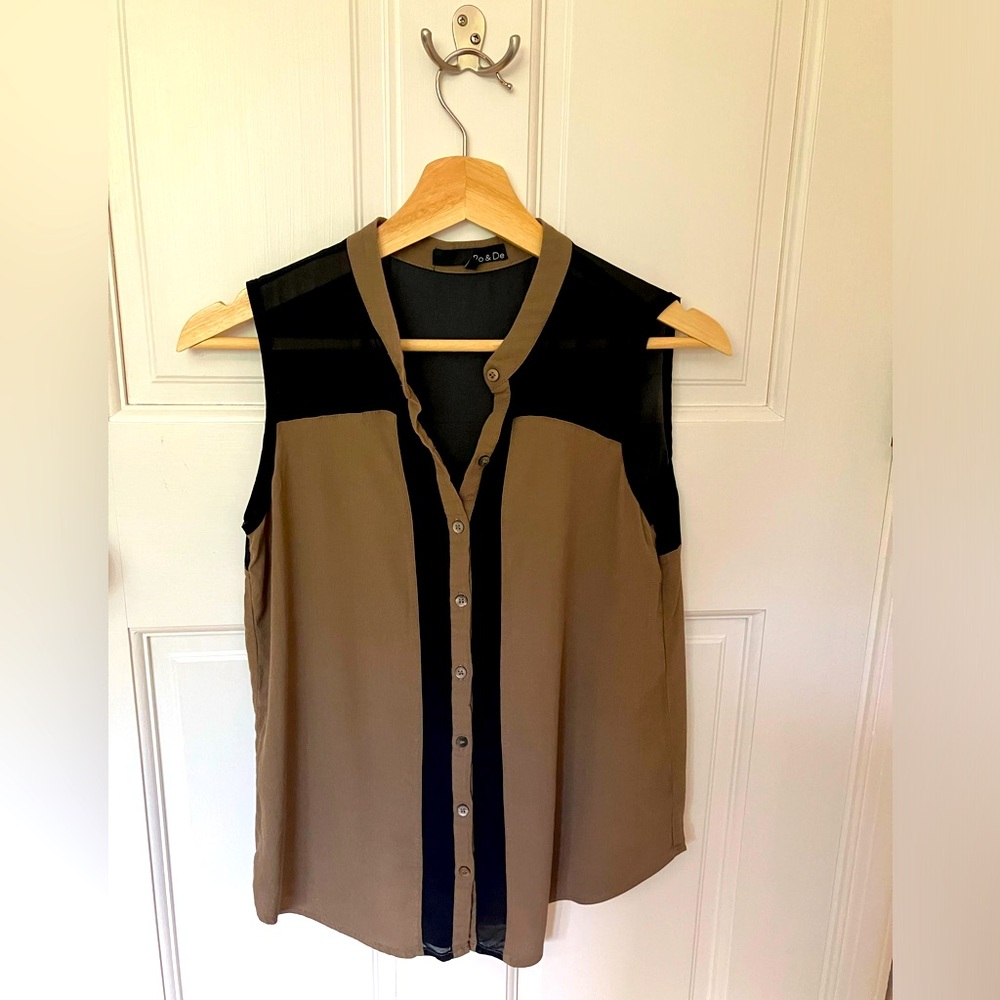 Ro & De Olive and Black Sleeveless Tuxedo Top/Blouse